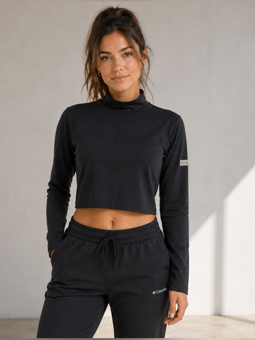 Columbia Heritage Performance Cropped Mock Neck Top | Black Ribbed | XXL